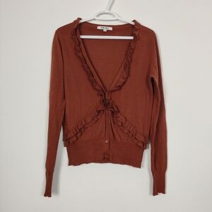 Koton Women's Ruffled Sweater Cardigan in Brown Size Medium Fall Feminine Cotton
